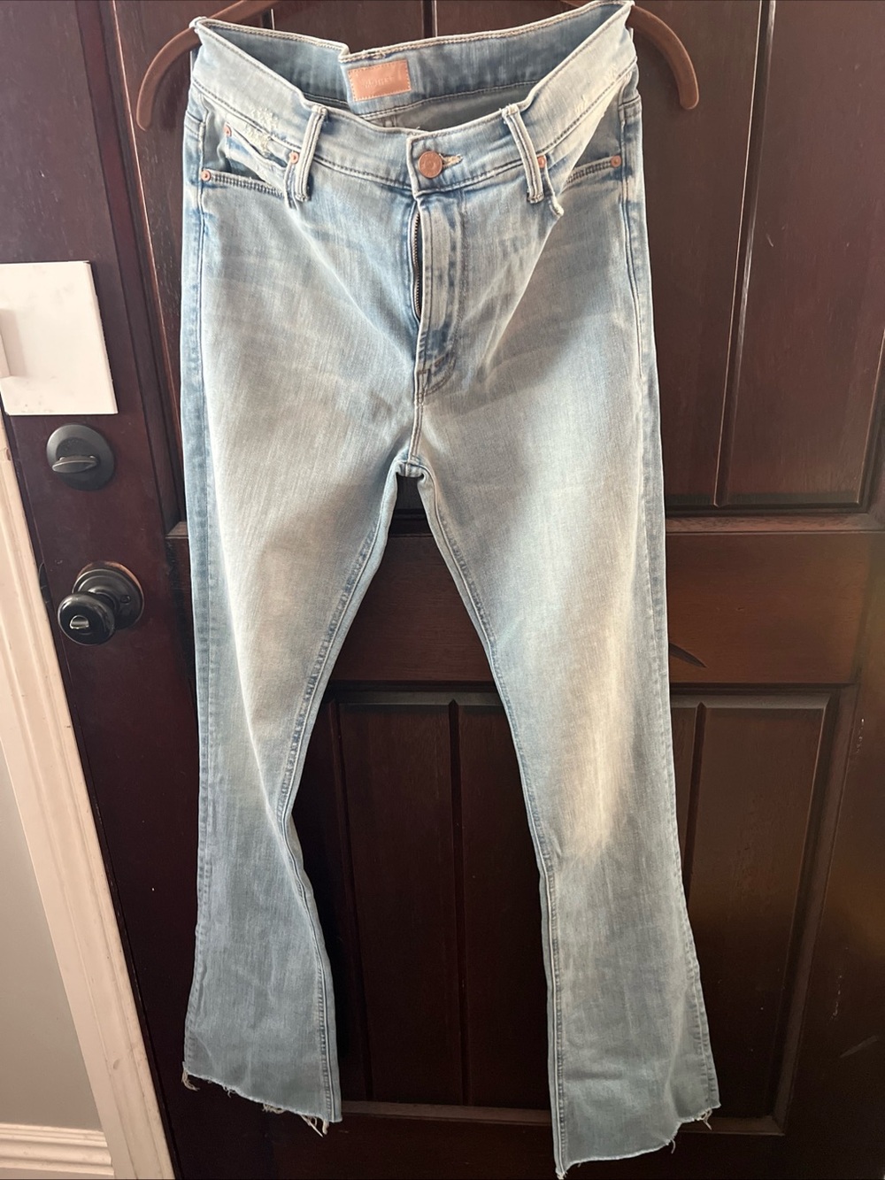 Mother denim the runaway fray skinny flare jeans in crossroad light wash